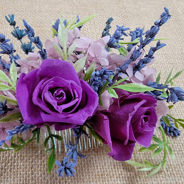 Preserved Rose And Lavender Hair Comb For Wedding, Bridal Hair Clip, Boho Bridal Hair Pins, Dried Flower Comb, Greenery For Bridal Hair