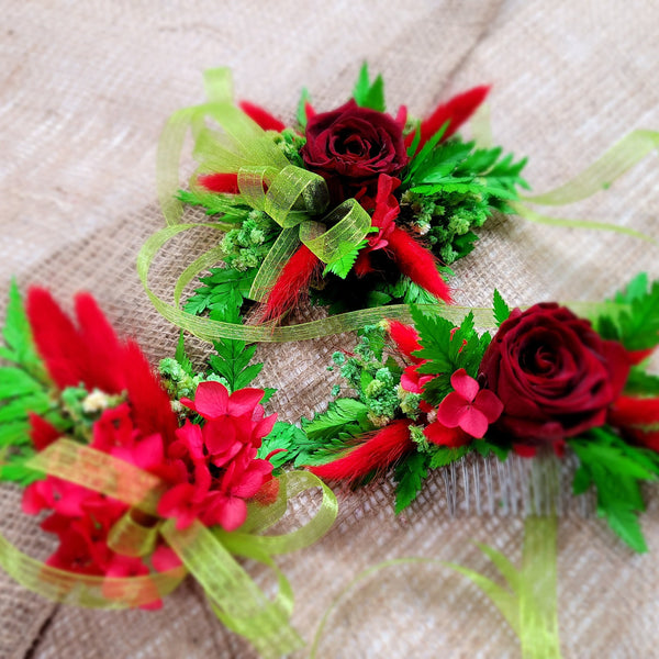 Dried flower wrist corsages/boutonnieres/Hair comb, with preserved roses,green Fern, dried flowers Wedding Accessory.